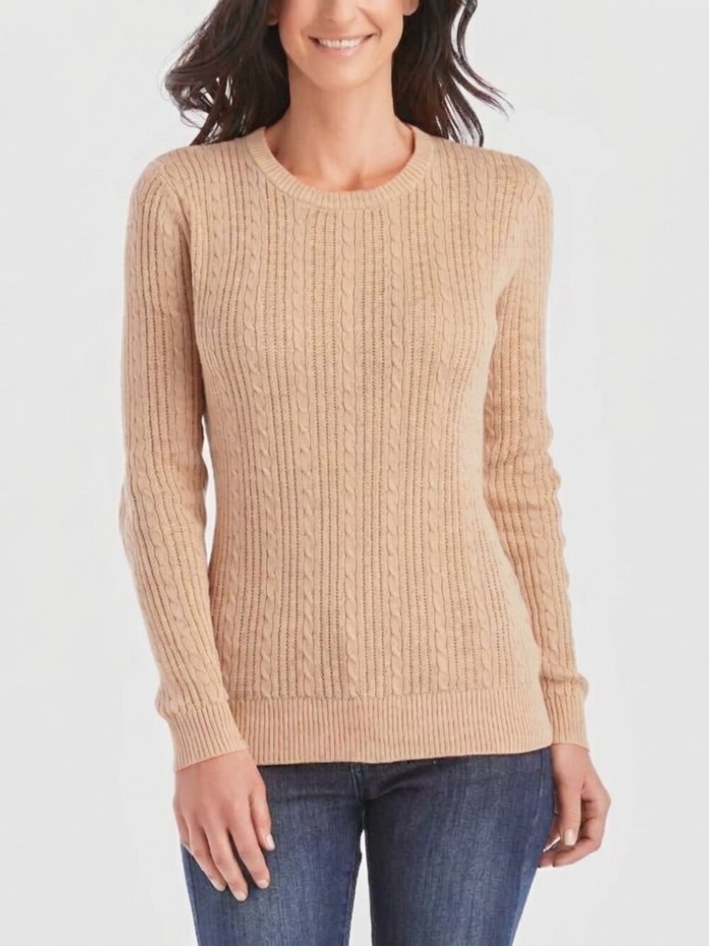 Basic Editions Neutral Tan Cable Knit Crewneck Pullover Sweater NWT Small NEW
